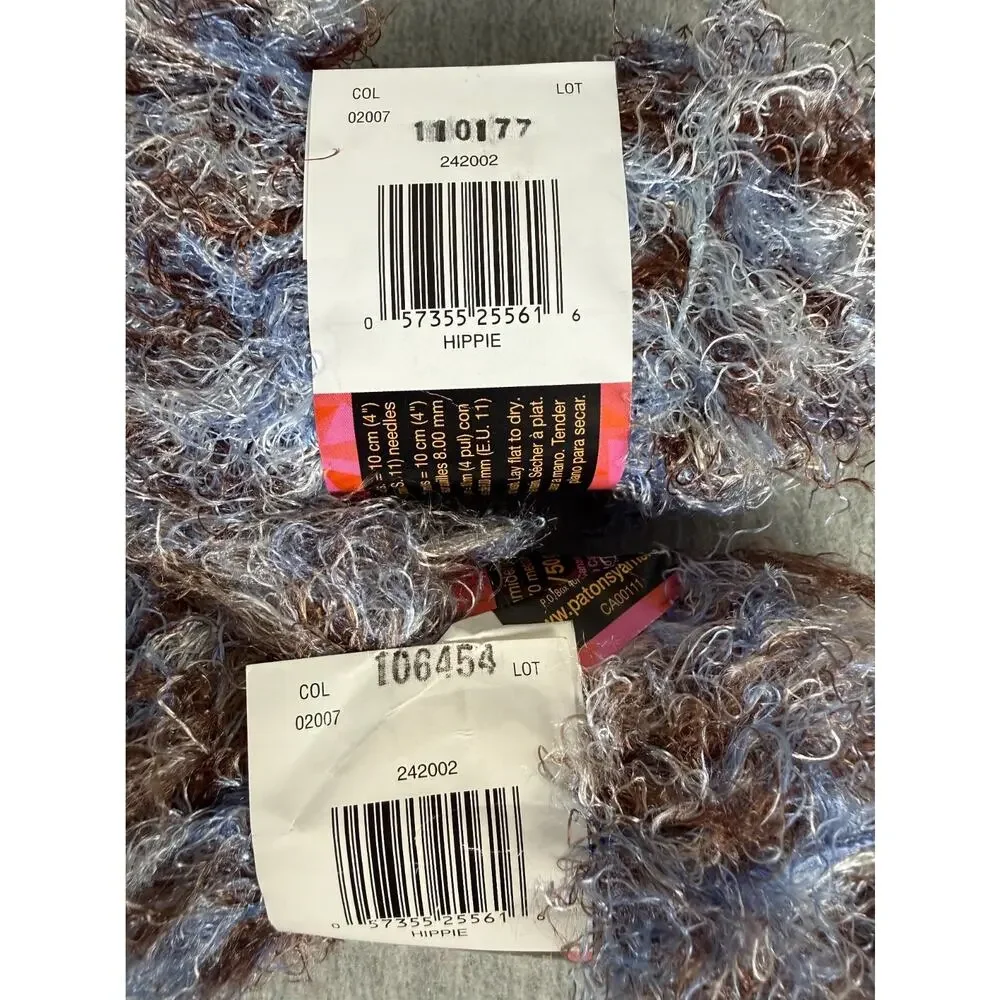 Patons Cha Cha Eyelash Fun Fur Yarn Hippie Blue Brown Lot of 2 x 50 gm Skeins